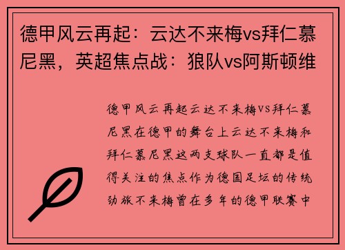 德甲风云再起：云达不来梅vs拜仁慕尼黑，英超焦点战：狼队vs阿斯顿维拉