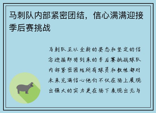 马刺队内部紧密团结，信心满满迎接季后赛挑战