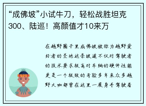 “成佛坡”小试牛刀，轻松战胜坦克300、陆巡！高颜值才10来万