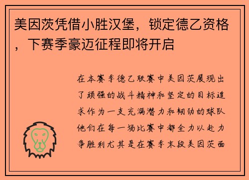 美因茨凭借小胜汉堡，锁定德乙资格，下赛季豪迈征程即将开启