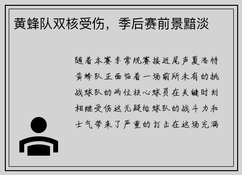黄蜂队双核受伤，季后赛前景黯淡