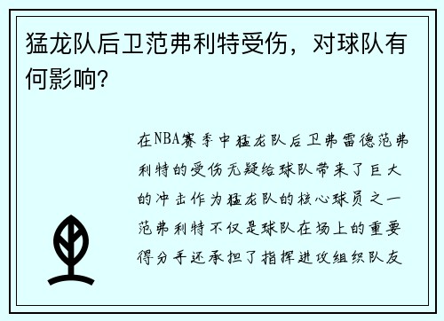 猛龙队后卫范弗利特受伤，对球队有何影响？