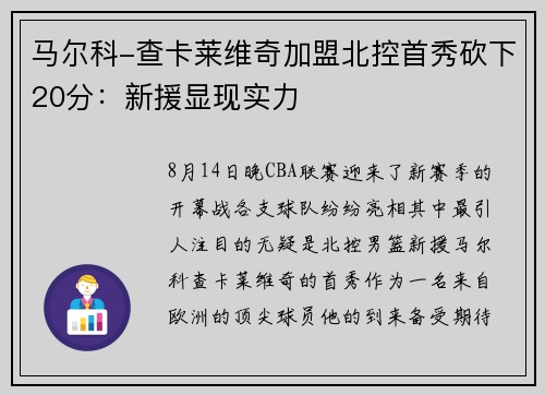 马尔科-查卡莱维奇加盟北控首秀砍下20分：新援显现实力