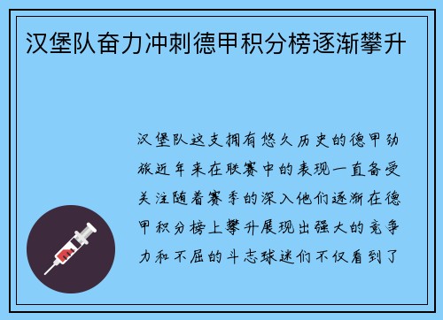汉堡队奋力冲刺德甲积分榜逐渐攀升